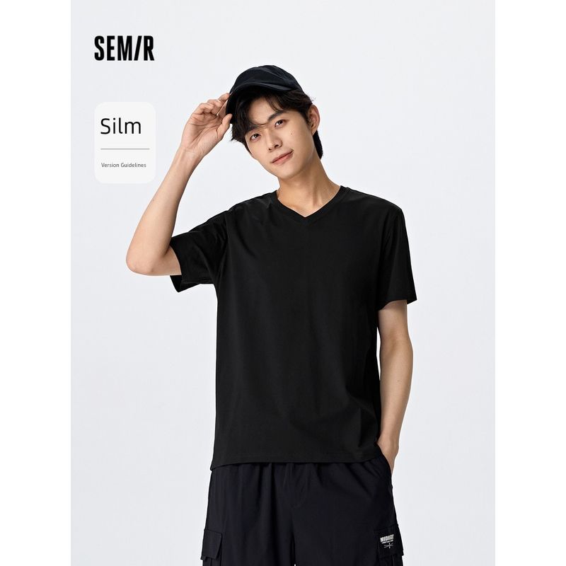 

[Same Style with Mall] Senma Short-Sleeved T-shirt Men s 2023 Minimalist Multi-Color V-neck T-shirt Summer New Arrival Slim Fit Tops Bleaching 10007 170/88A/M