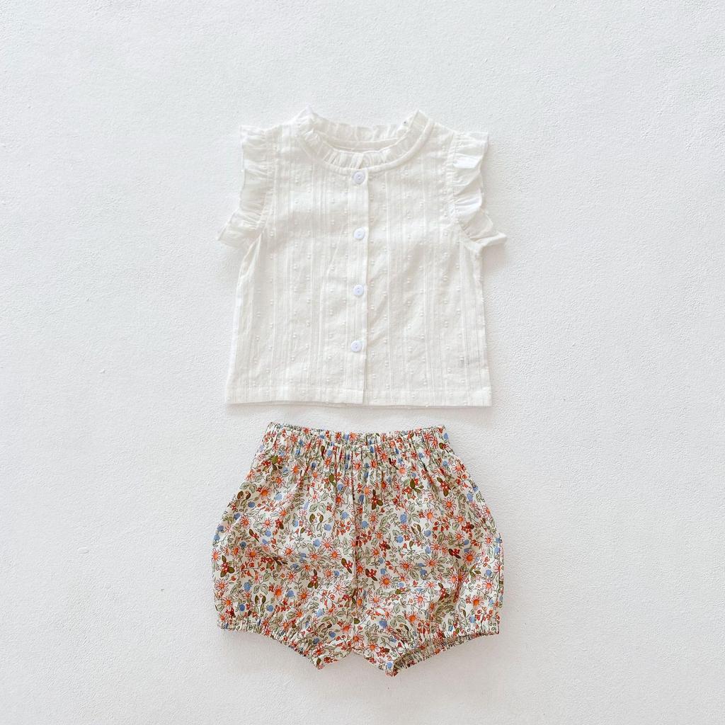 2025 Sommer Baby Mädchen Puffärmel Knopf Top & Blumenmuster Shorts Set