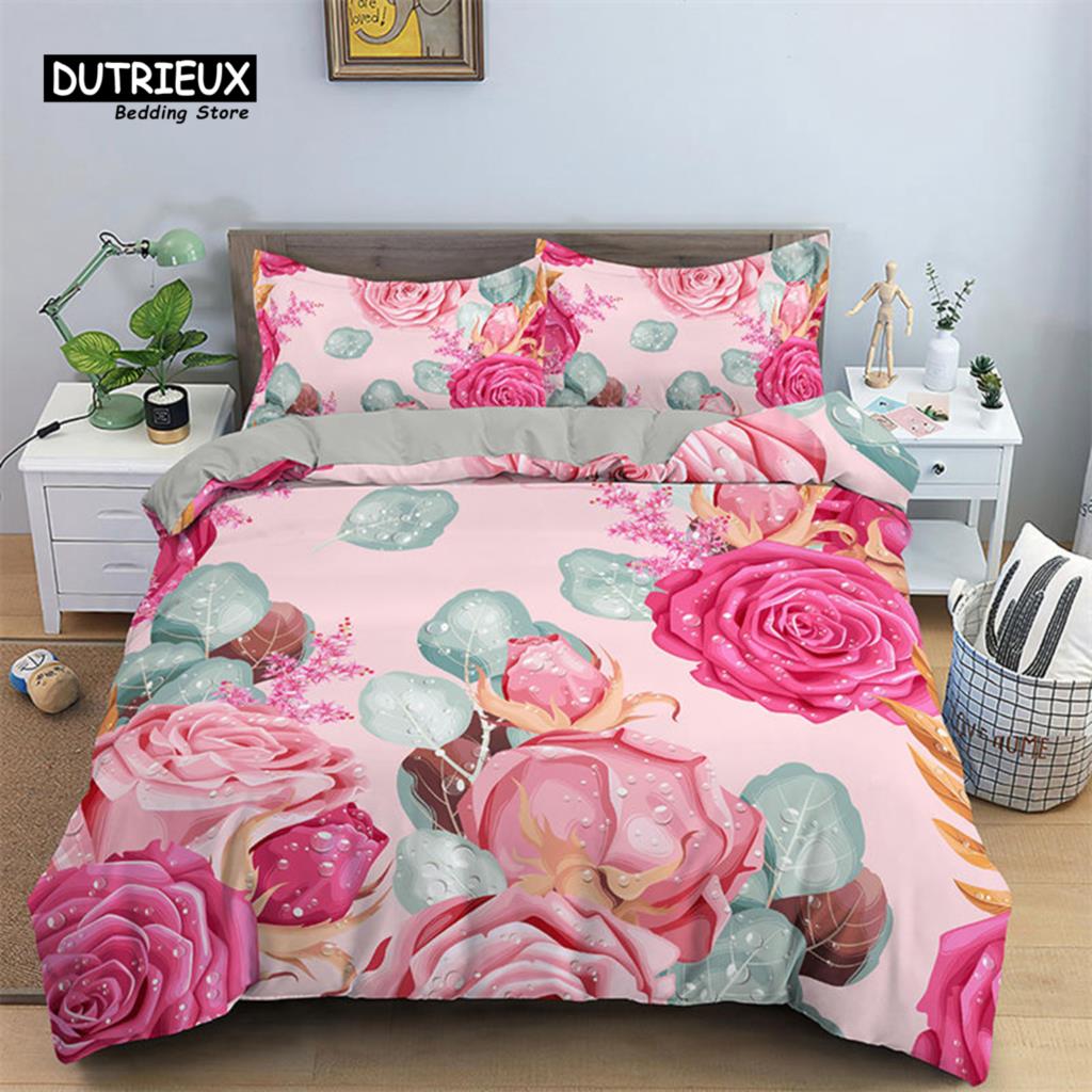 Romantic Flower Duvet Cover Rose Floral Bedding Set Microfiber Comforter Cover King For Girl Women Wedding Valentine's Day Decor