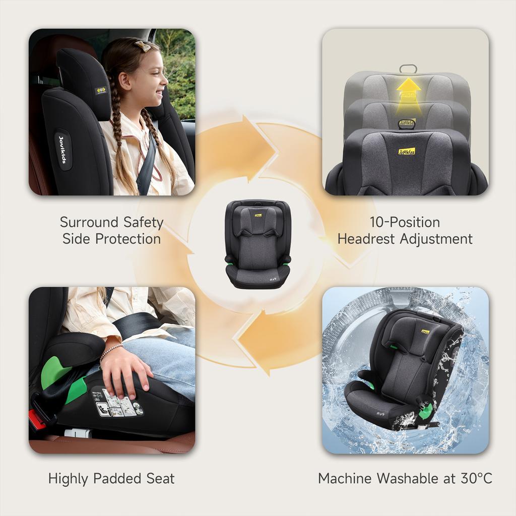 Leon Highback Booster Seat, ISOFIX, i-Size R129, 100-150cm, 3-12 Years, Seatbelt Clip (Black)