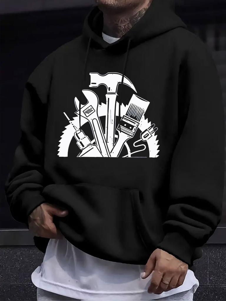 American Western Style Unisex Autumn Winter Print Hooded Long Sleeve Sweatshirt, Tool Collection Retro Line Hooded Print Hoodie, Workwear Trendy Style