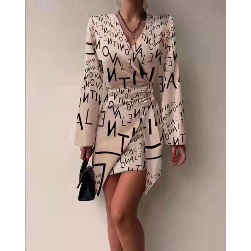 

Fall New New Arrival European Station V Neck Letters Print Work Clothing Ol Silm Irregular Long Sleeve Dress Dress Letters M