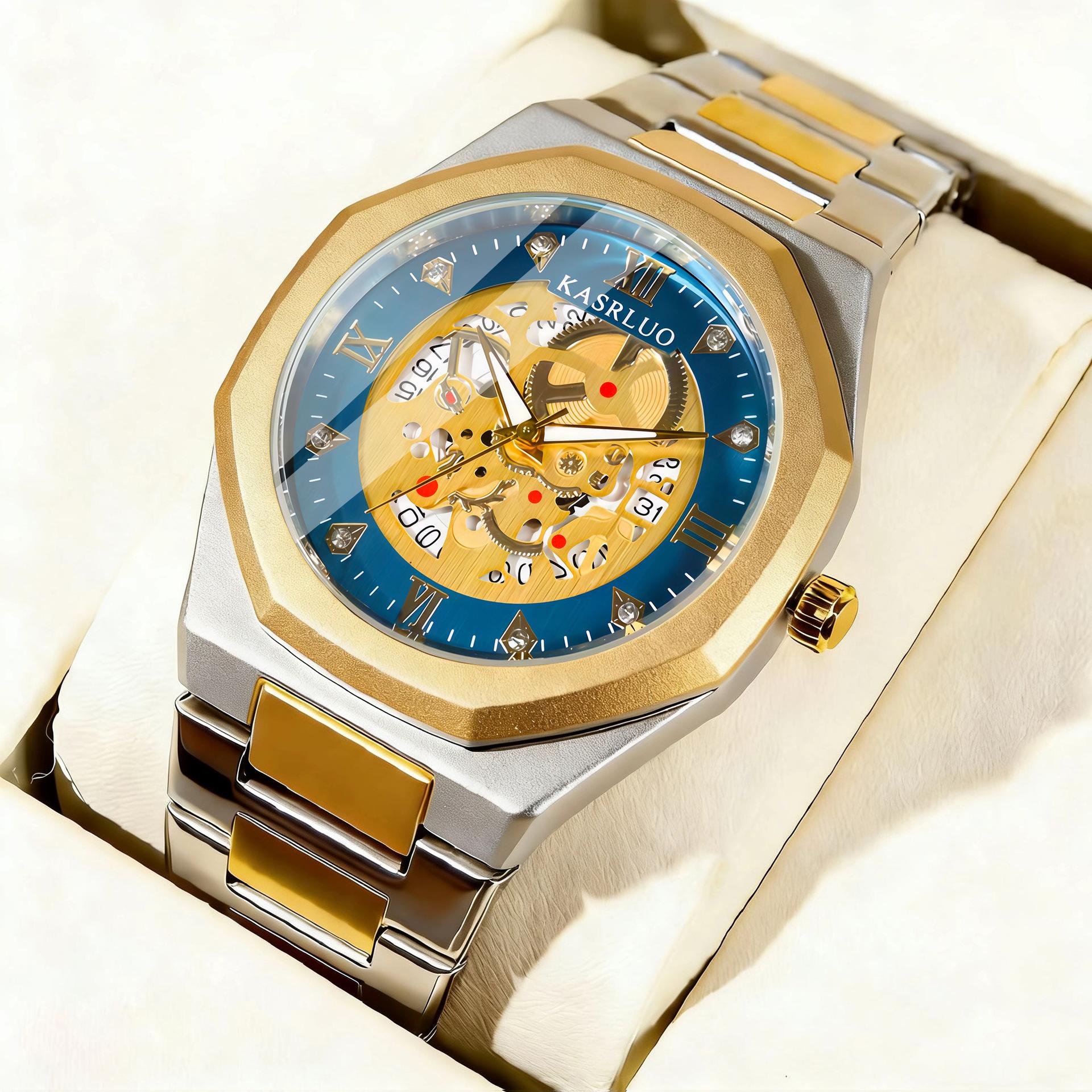 Kasrluo Men S Mechanical Wind Quartz Watch Hollow Double Calendar Waterproof Alloy Business Watch