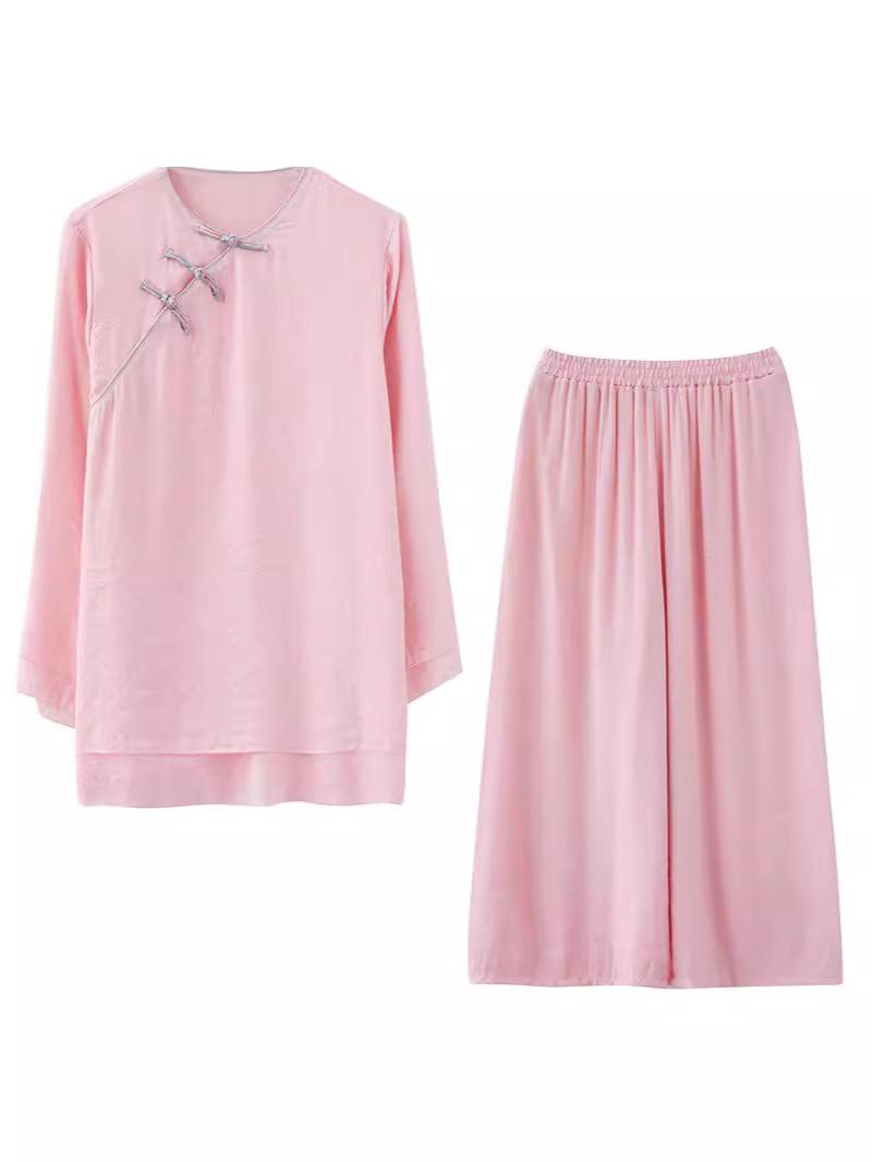 

Жіночий китайський комплект для йоги у стилі Будди з двох предметів 2024: Ретро жабка гудзик Дзен Чай Медитаційний одяг. XL рожевий