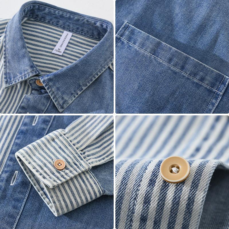 Men'S Denim Color-Block Vertical Stripe Shirt Casual Loose Fit Fashionable Long Sleeve For Spring And Autumn