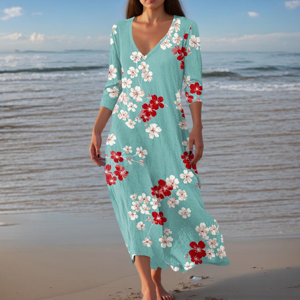 Women's Vintage Print Tunic Waisted Midi Dress Summer Casual 3/4 Sleeve Dress Dress