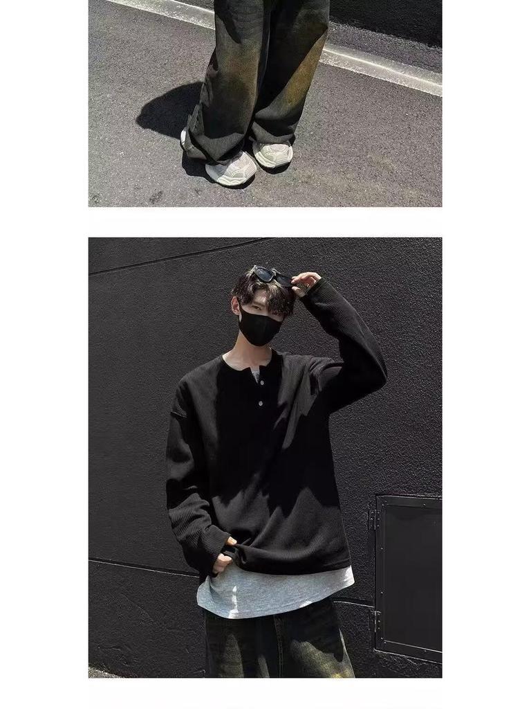 Men's Autumn Korean Style Slim-Fit Henley Long-Sleeve T-Shirt