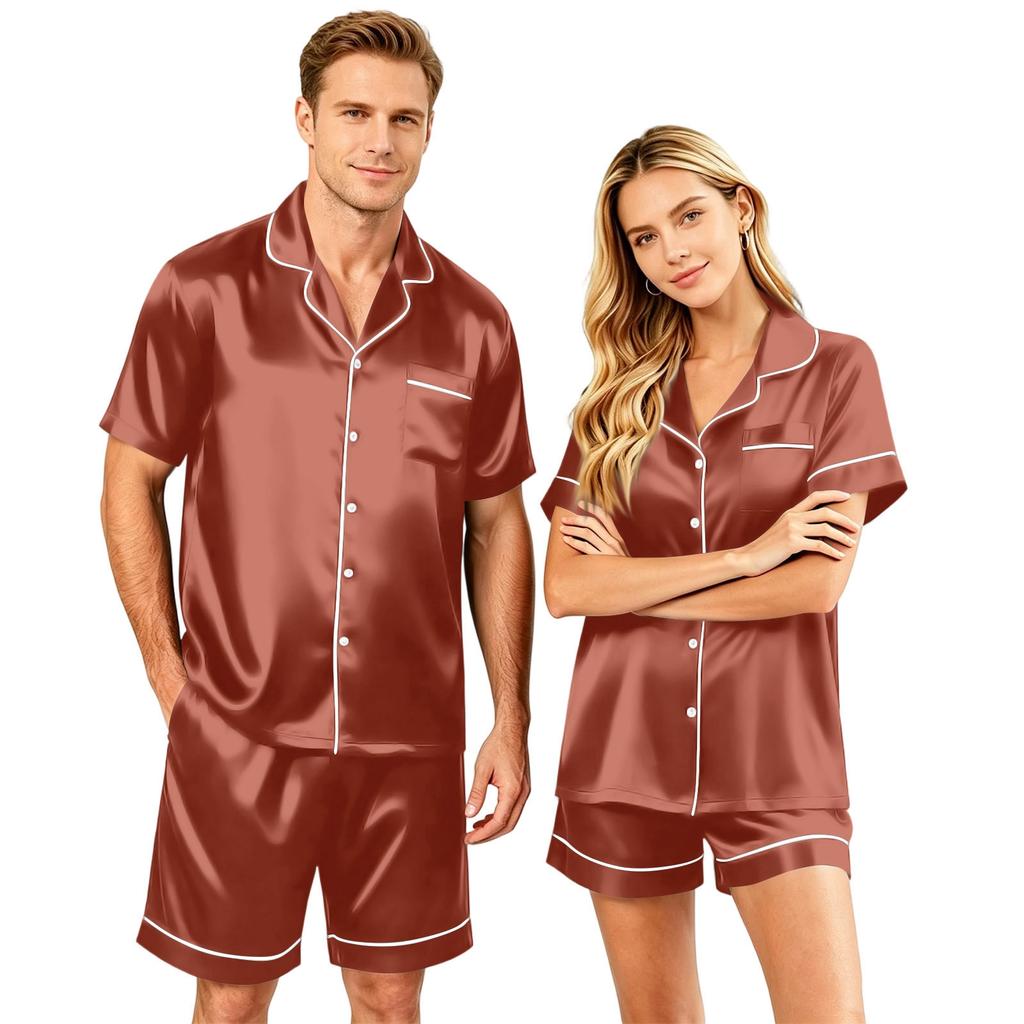 Couples Satin Pajama Set Short Sleeve Button Down Shirt and Shorts Sleepwear Soft Lightweight Loungewear S-XXXXL