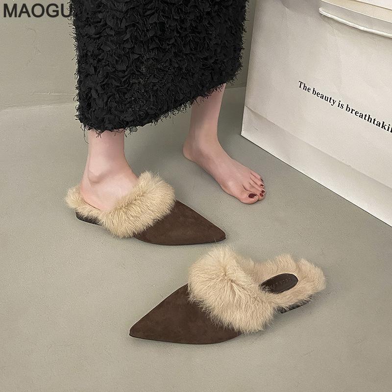 Herbst Winter Spitz zulaufend Flauschig Warm Mules Hausschuhe Lässig Damen Mules Niedriger Absatz Slides Bequem zum Hineinschlüpfen Zapatos De Mujer