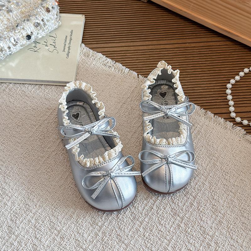Kids Silver Lace Bow Mary Jane Flat Shoes 23