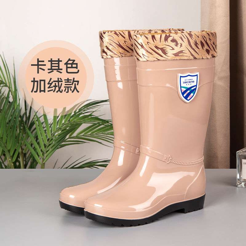 High tube rain shoes water shoes women's long tube rain boots warm beef tendon thick sole catch the sea water boots car wash kitchen work rubber shoes