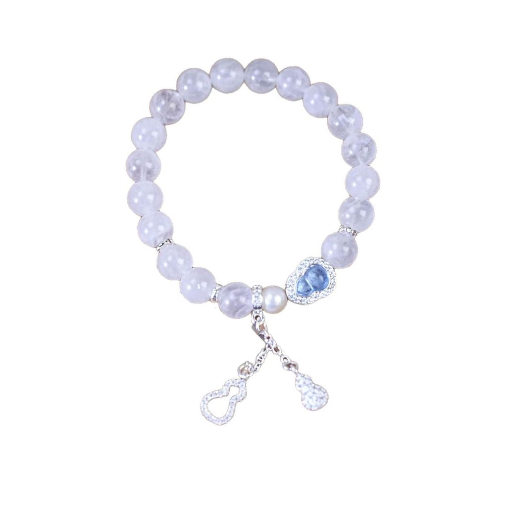 Pink Crystal & White Pearl Beaded Bracelet with Retro Gourd Pendant for Women