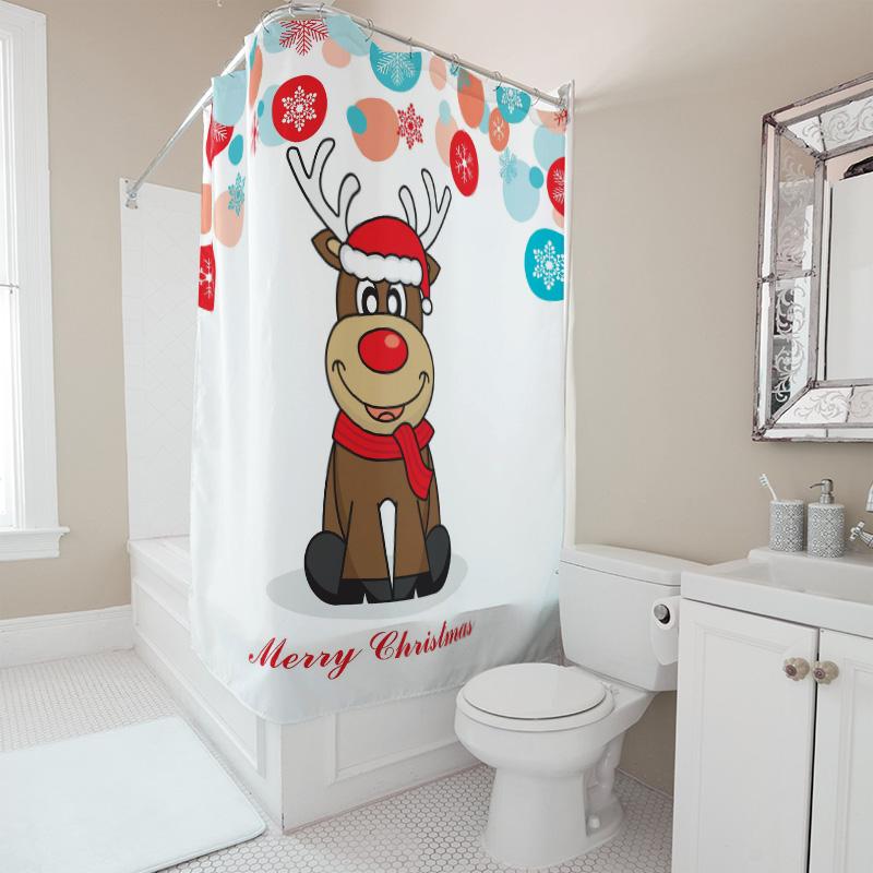 TU Festive Christmas Shower Curtain Holiday Waterproof Decor Reindeer Pattern Bathroom Curtain Xmas Home Decor Modern Style Holi