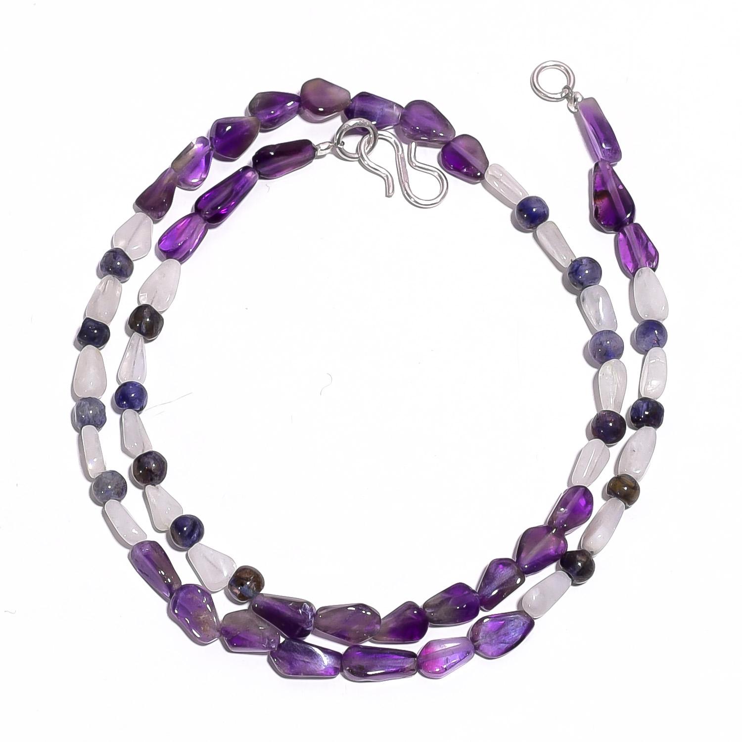 

Natural Amethyst Moonstone Iolite Gemstone Smooth Beads Necklace 17 UB-4601 UB-4601