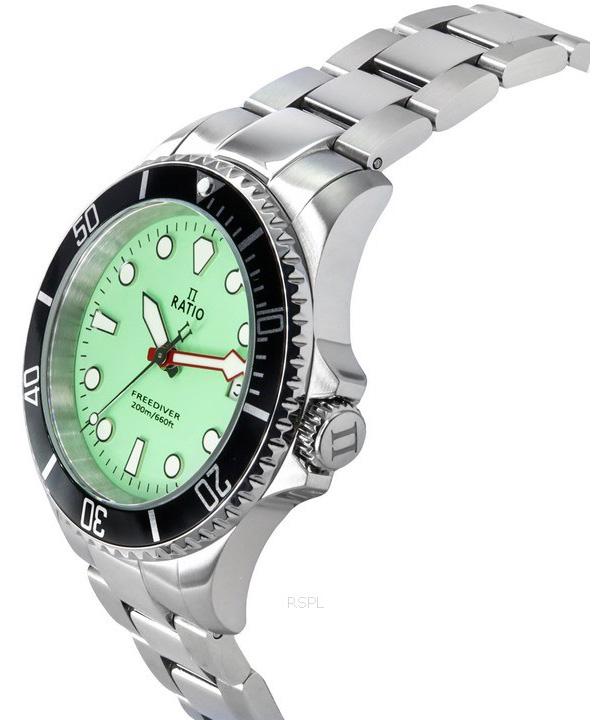 RATIO Pánské hodinky FreeDiver Sapphire Stainless Steel Zelený ciferník Quartz RTF039 200M
