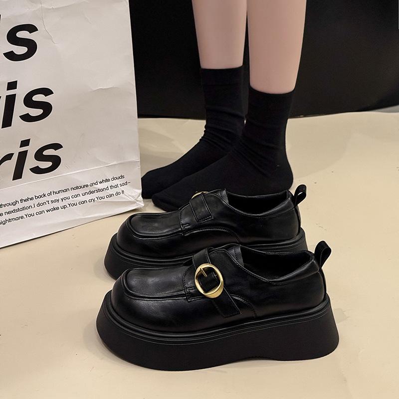 

Platform small leather shoes women s 2025 spring and summer new British style jk loafers belt buckle muffin bottom black single shoes 40 чёрный