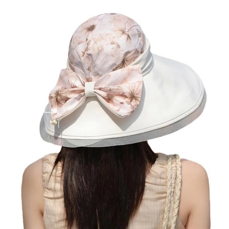 Uv Protection Women'S Beach Sun Hat Summer Wide Brim Portable Panama Cap For Woman Breathable Big Bowknot Floral Fisherman Hat