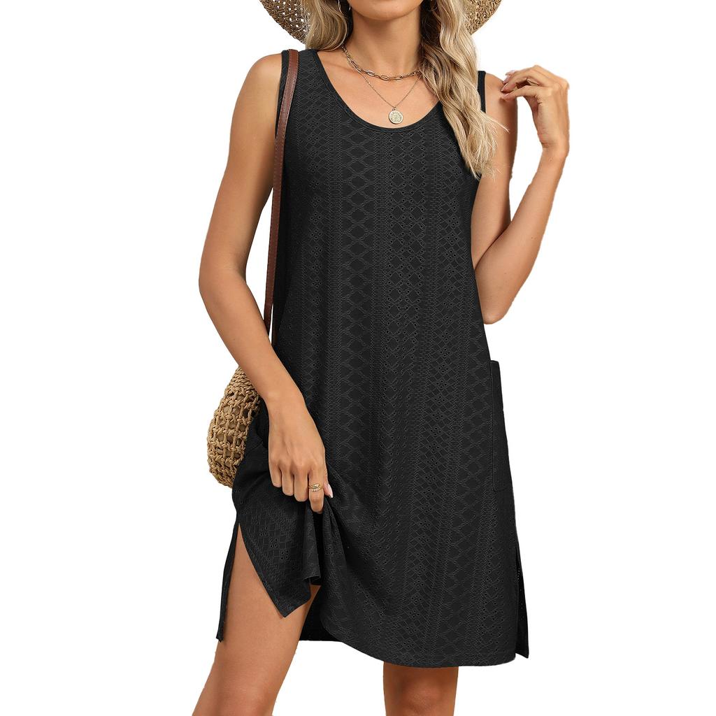 Frühling und Sommer Neues einfarbiges Rundhals-Lockeres Kleid Ärmellos mit Tasche Damenkleid