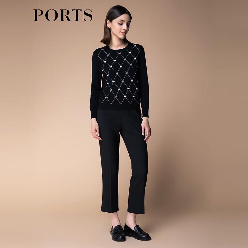 PORTS Women's 100% Wool Geometric Knit Round Neck Pullover