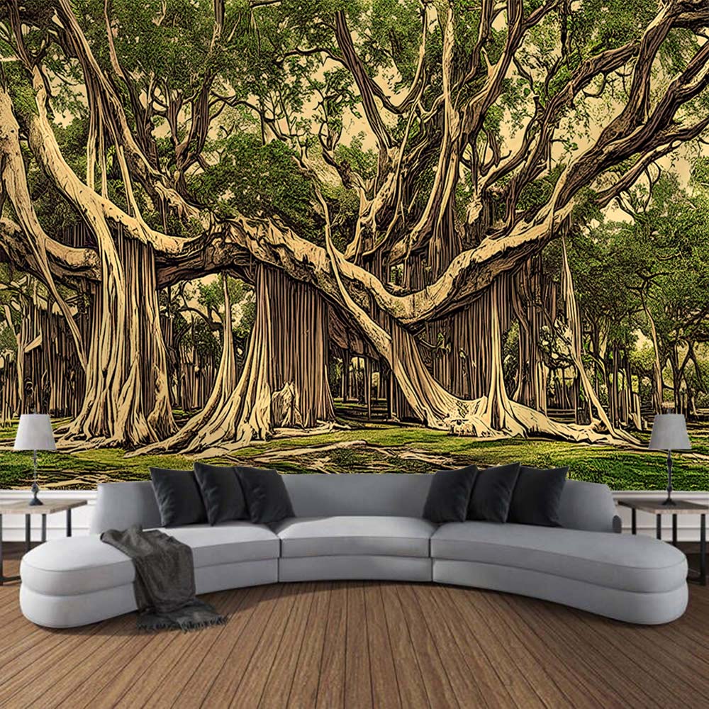 Ancient tree landscape tapestry, retro oil painting wall hanging, Bohemian home art decoration, living room and bedroom tapestry