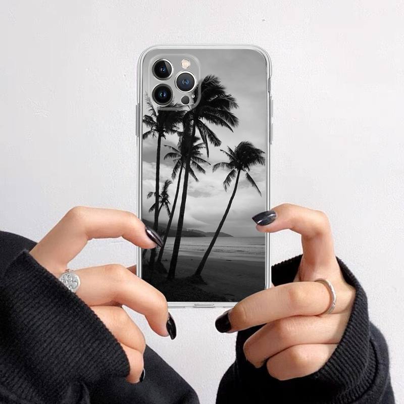 Black white palm leaves palm trees Phone Case For iPhone 14 13 12 11 Pro Max XS X XR SE 2020 6 7 8 Plus Mini Transparent Shell