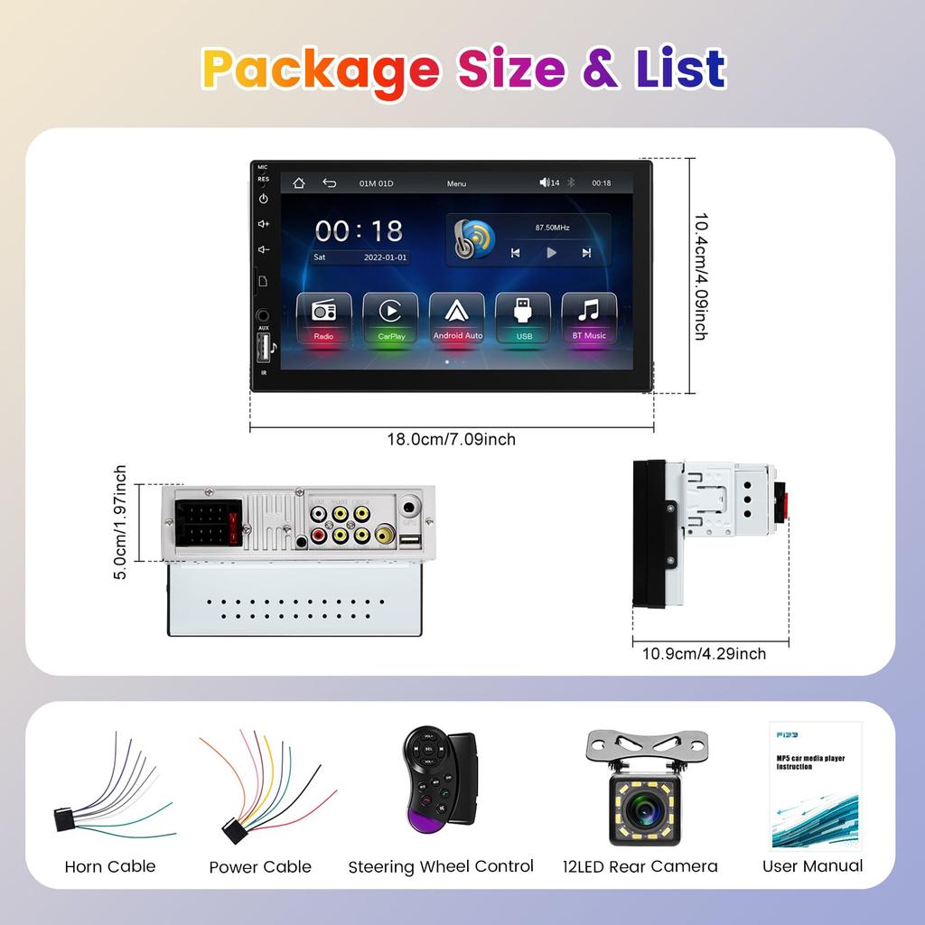 Hodozzy 1 DIN Car Auto LCD Single DIN Bluetooth Car Mirror FM Charging Backup Camera Audio, Wireless, CarPlay/Android Compatible, 7-inch Touchscreen,