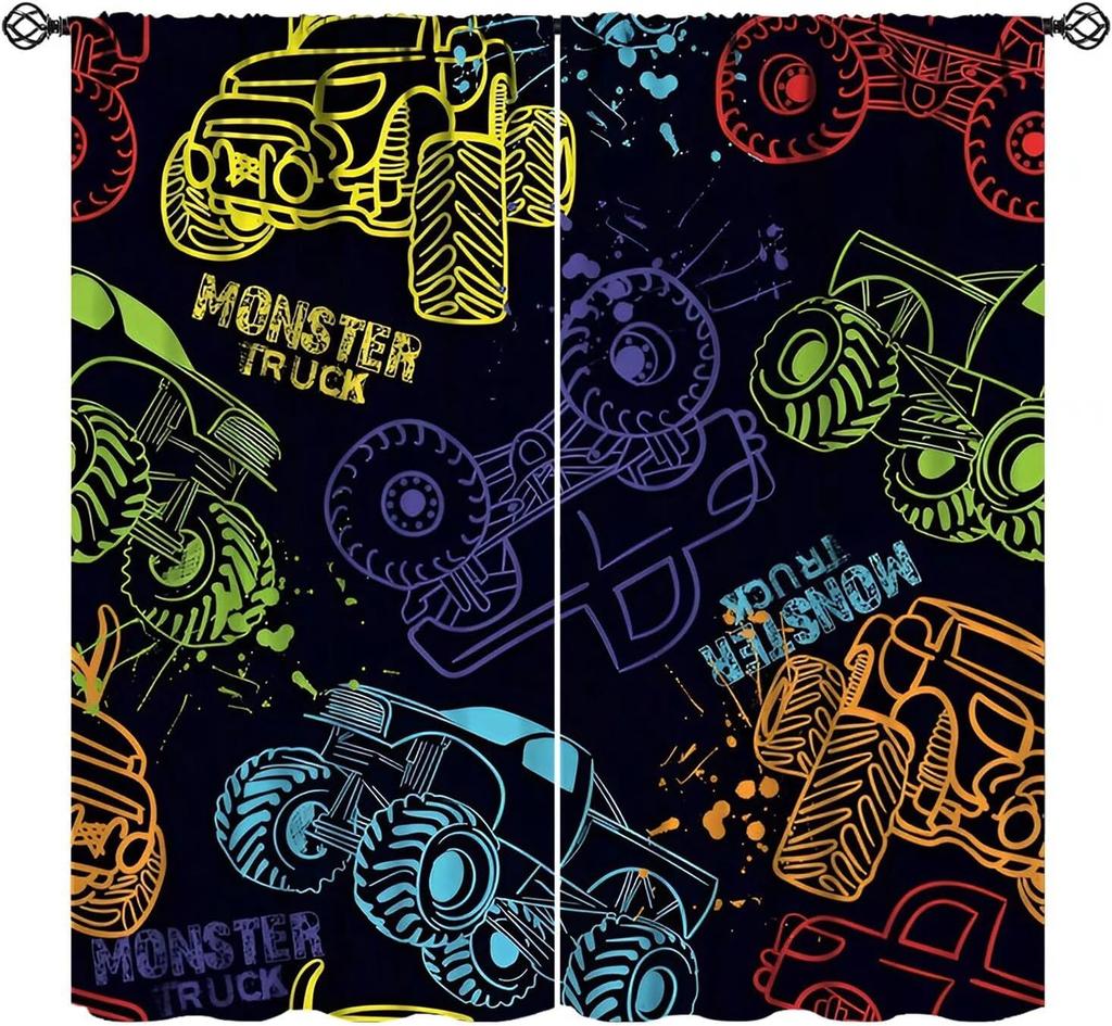 Monster Truck Curtains Boys Cartoon Red Blue Car Game Cool Racing Window Kids Bedroom Living Room Playroom Curtain For Sitting Made Of Polyester