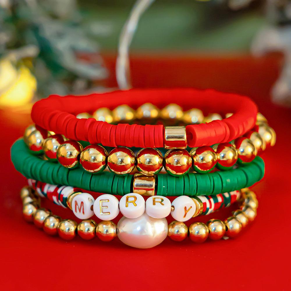Handmade Christmas Polymer Clay Beaded Bracelet Set – European & American Holiday Bangle with Christmas Letter Charms