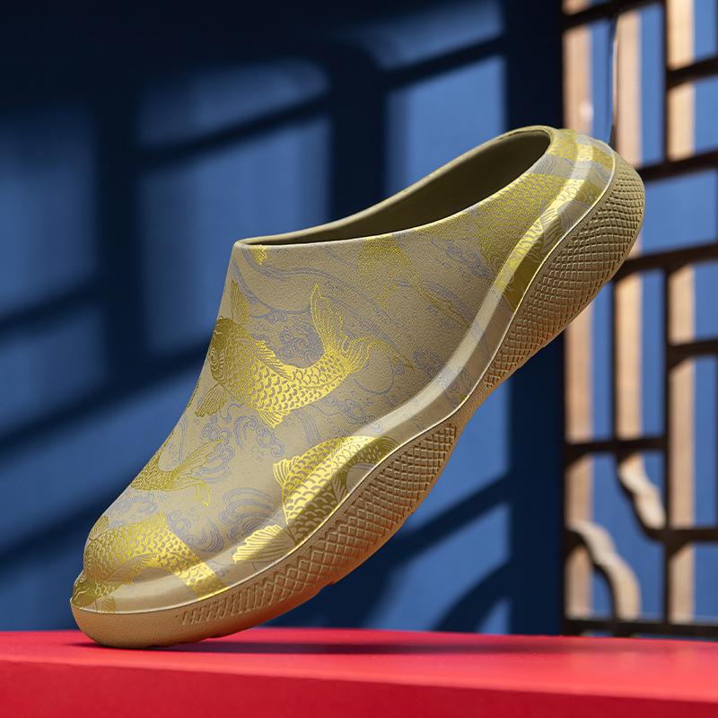 

Retro Guochao couple s half-drag casual fashion bag head slippers large size soft bottom one-word drag non-slip sandals 45 хакі