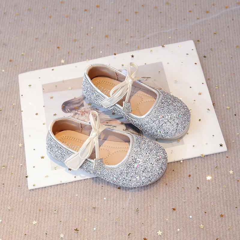 

Girls Dance Shoes Round Toes Sweet Bows Kids Princess Shoes Shiny Sequins 2025 New Children Flats Pu Non-slip Performance Shoes 23 бежевый