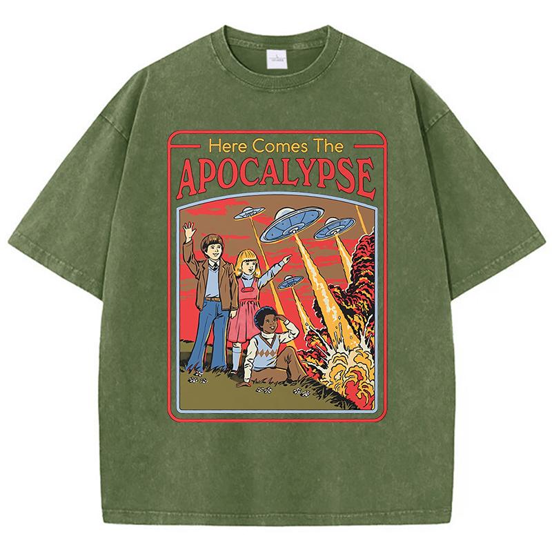 

Here Comes The Apocalypse Ufo Washed Retro T-Shirt Мужская мода Хлопковая одежда Футболки Большие уличные повседневные топы 3XL