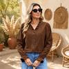 Women's Corduroy V-Neck Long Sleeve Button Front Blouse with Puff Sleeves, Ruffle Trim and Loose Fit