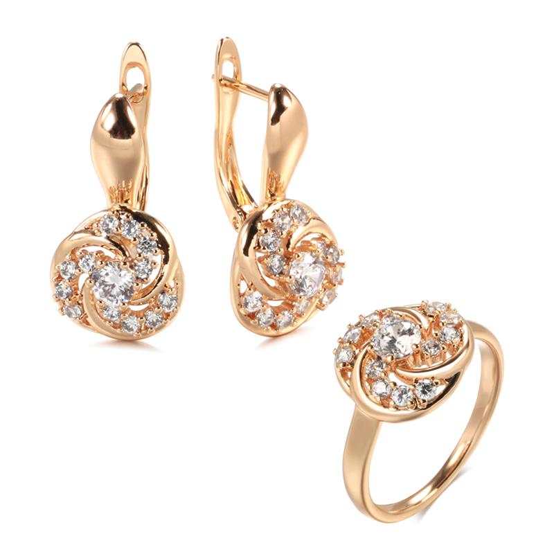 New Rose Gold Earrings Ring Sets For Women Natural Zircon Flower Earrings Trend Unusual Creative Wedding Jewelry