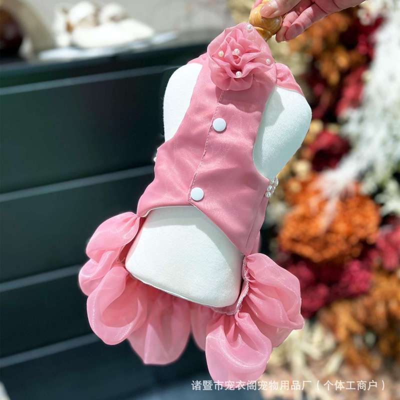 Handmade Pet Wedding Dress Floral Rose Pearl Embellished Puppy Formal Dress Teddy Bichon French Bulldog Bridal Party Dress