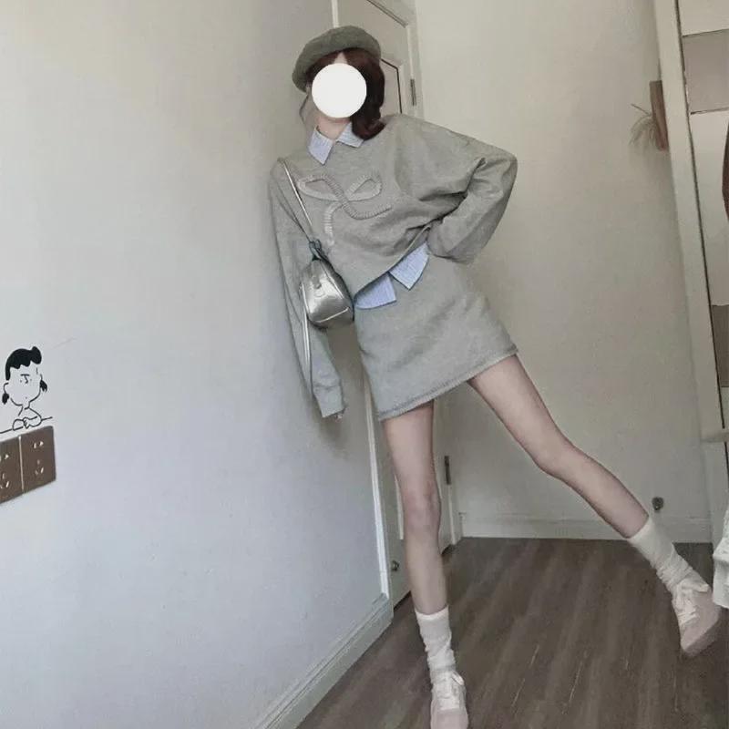 Trendy Korean-Style College Three-Piece Set: Sweatshirt, Shirt, Short Skirt