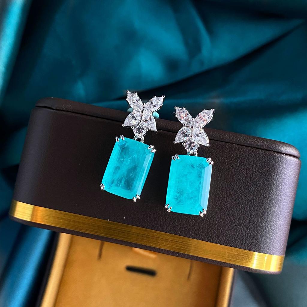 Oval  Silver Four-leaf Clover Rectangular Earrings Paraiba Earrings 10*14 Fashion All-match Jewelry Party Gifts