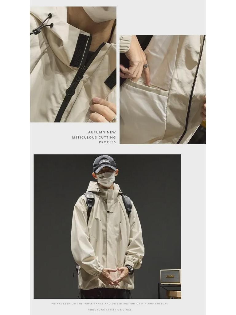 Men's Retro Street Style Hooded Jacket - Oversized, Solid Color, Trendy Brand