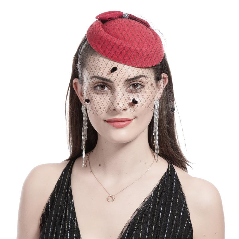 Свадебная шляпка стюардессы, заколка для волос, аксессуары для волос, жемчужный бант, женский подарок, шляпка, вуаль бордовый