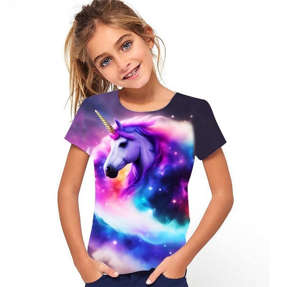 New 3D Horse Pattern Printed T-Shirt Summer Short Sleeve Fashionable Children's Casual Girls' Top