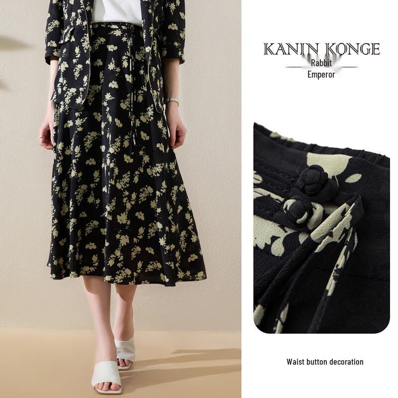 TUHUANG New Chinese Style Floral Silk A-Line Skirt M