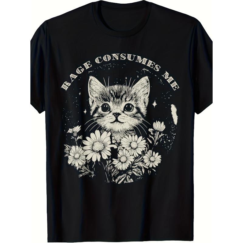 

European sizes Funny Cat Graphic T-Shirt | Rage Consumes Me Sarcastic Kitten & Flower Design, Soft Breathable Tee for Men 4XL чорний