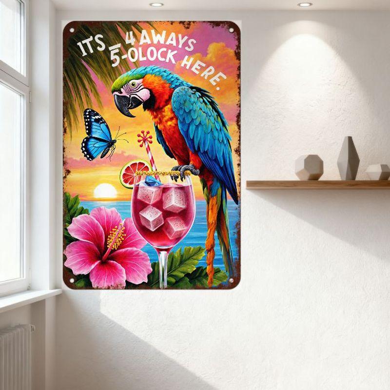 Tropical Parrot 5-O'Clock Here Metal Tin Sign, Vintage Beach Tiki Decor for Home Bar Cafe Man Cave Wall Art