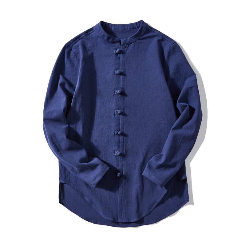 Jarní lněné košile Muži Čínský styl Retro košile s dlouhým rukávem a zapínáním na knoflíky Jednobarevné Stojací límečky Volné Topy velkých velikostí