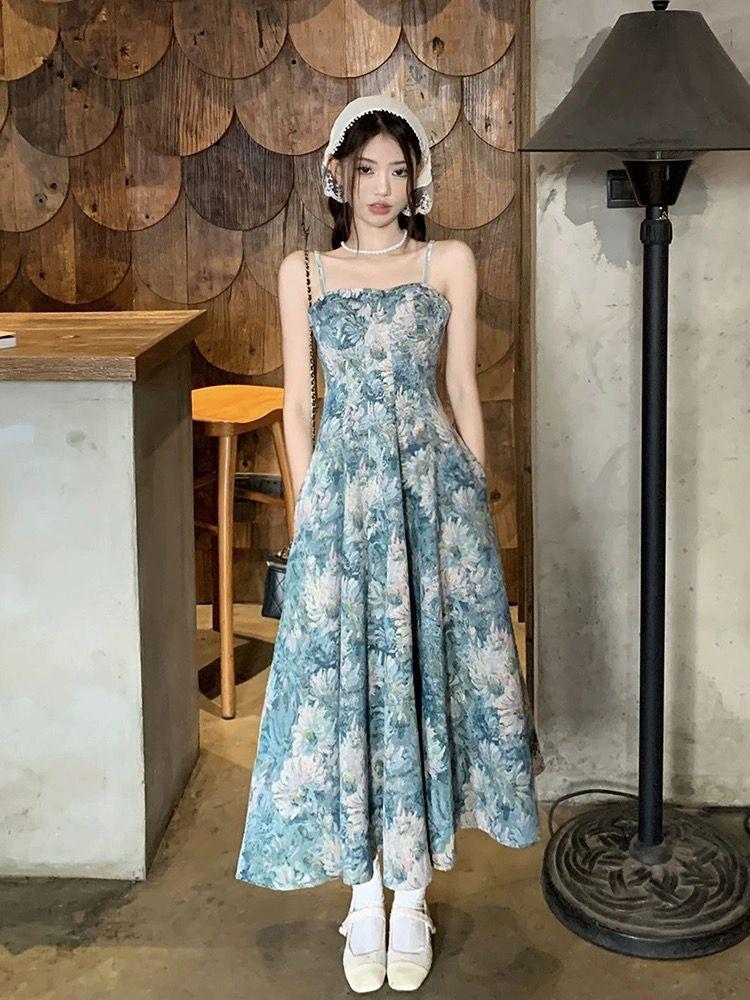 French Retro Summer Floral Suspender Skirt Oil Painting Suspender Dress New Set Hollow Cardigan
