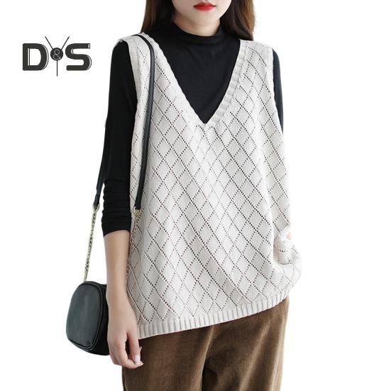 

Весна Осень Женский Жилет Вязаный Свитер Ретро V-образный Вырез Свободный Без Рукавов Однотонный Пуловер Ажурный Ромбовидный Текстурный Топ Повседневная Одежда белый