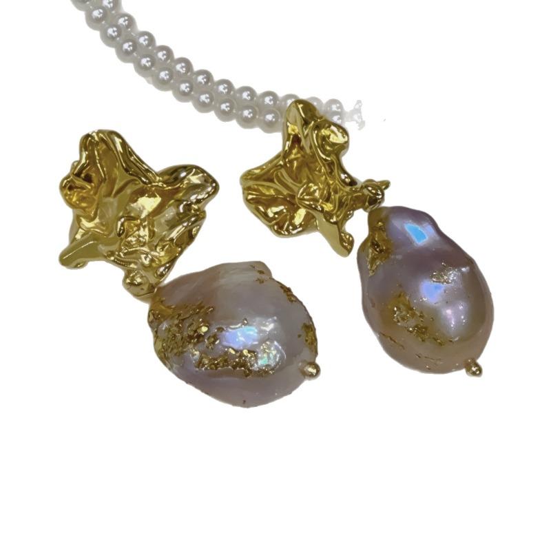 New creative personality niche natural strange color baroque pearl earrings stud earrings fashion trend women's gold foil earrings