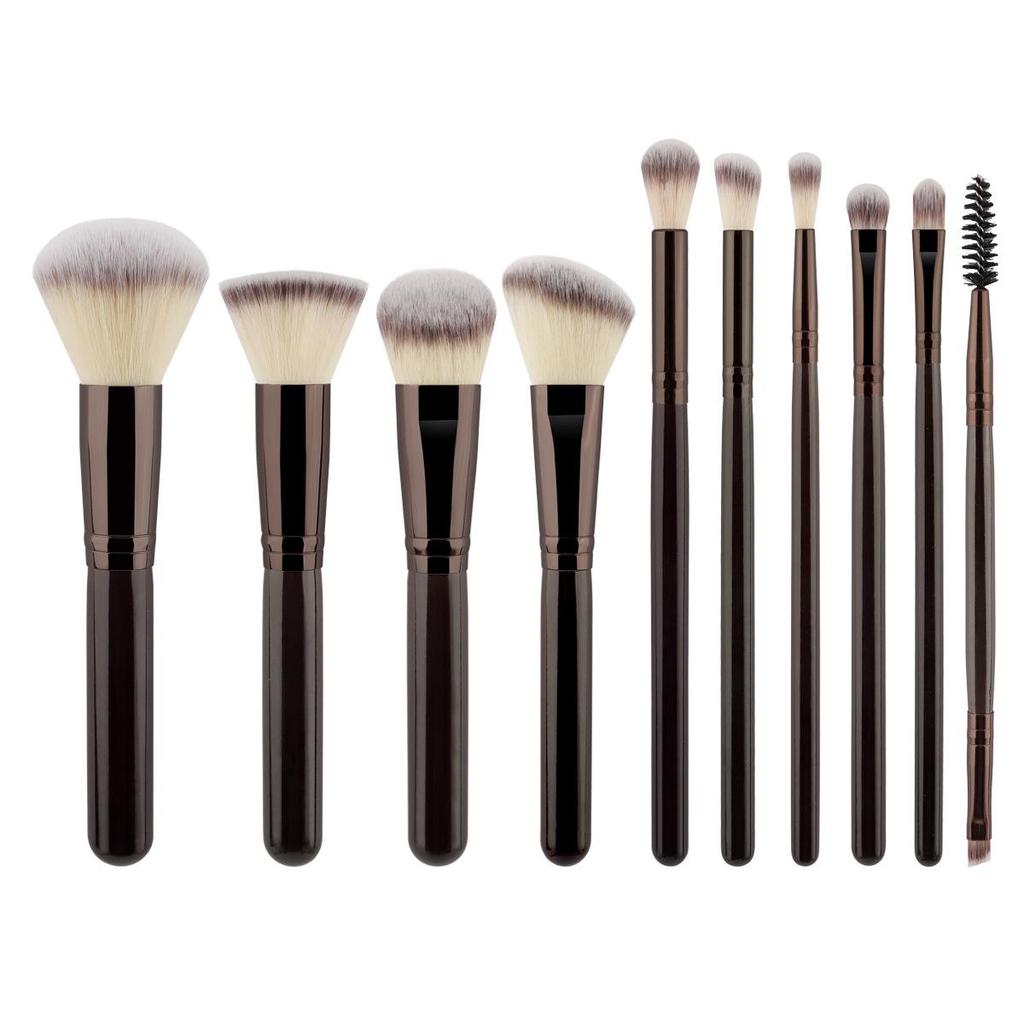 10-Piece Makeup Brush Set with Flat Foundation, Powder, Contour, and Eyeshadow Brushes.