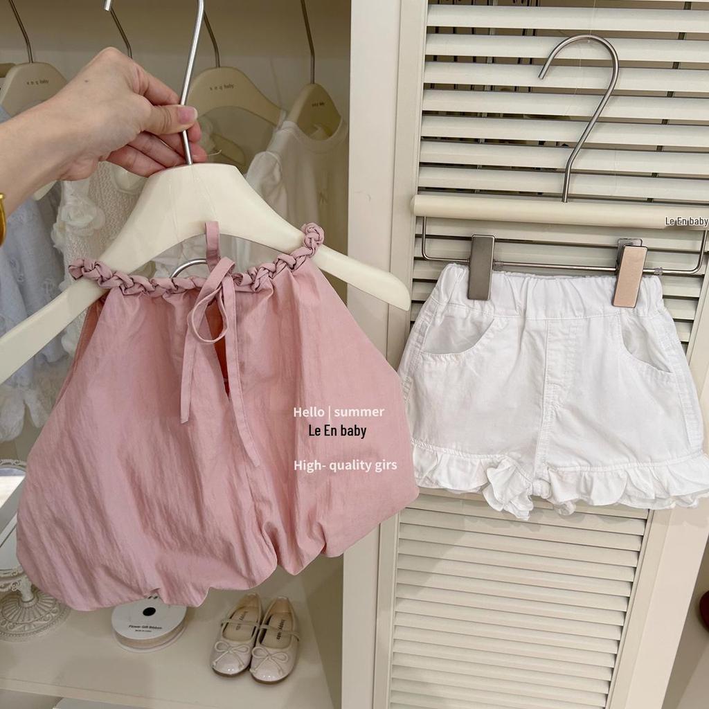 Leenbaby Spring/Summer Pink Halter Tank & White Ruffle Shorts Set for Girls