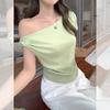 Korean pure desire sexy slanted shoulder off-the-shoulder short-sleeved t-shirt for women's summer wear pleated waist-pinching thin top