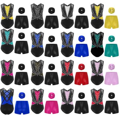 Girls Dance Gymnastics Performance Costume Set Round Neck Sleeveless Crisscross Back Shiny Rhinestones Leotard